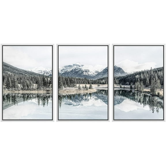 wall26 Framed Wall Art Print Set Washed Out Retro Mountain Lake Reflection Nature Wilderness Photography Modern Art Rustic Scenic Relax/Calm for Living Room, Bedroom, Office - 16"x24"x3 White
