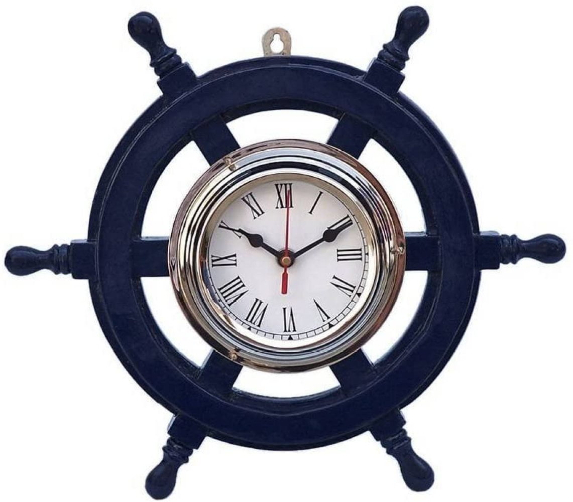 Deluxe Class Dark Blue Wood and Chrome Pirate Ship Wheel Clock 12 ...