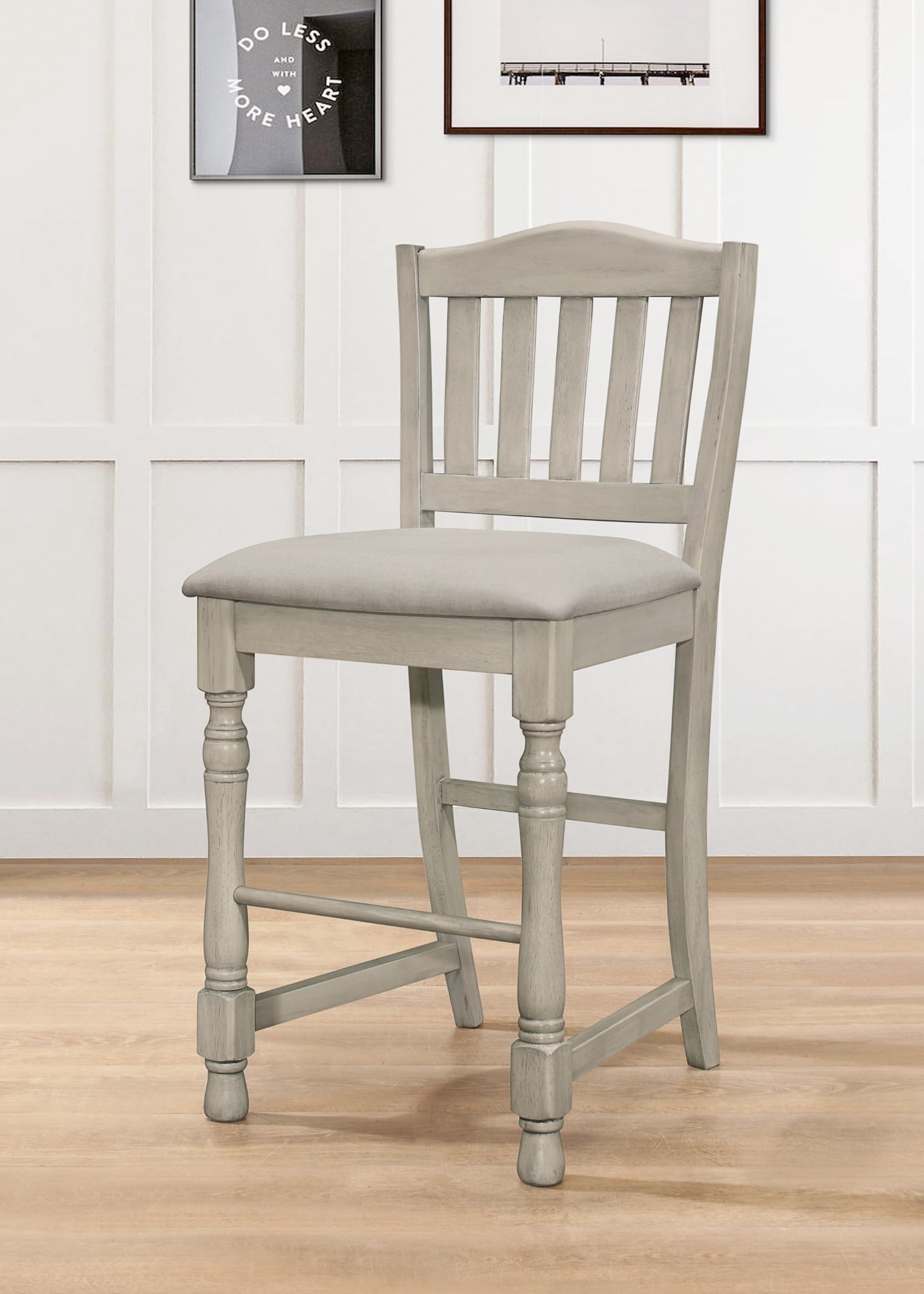 Home Design Ashley 5-Piece Round Counter Table with Square Storage Shelf and 4 Slat-Back Cushioned Chairs, Traditional Style, Comfortable Adult Seating, Turned Legs, Antique Gray/Warm Gray