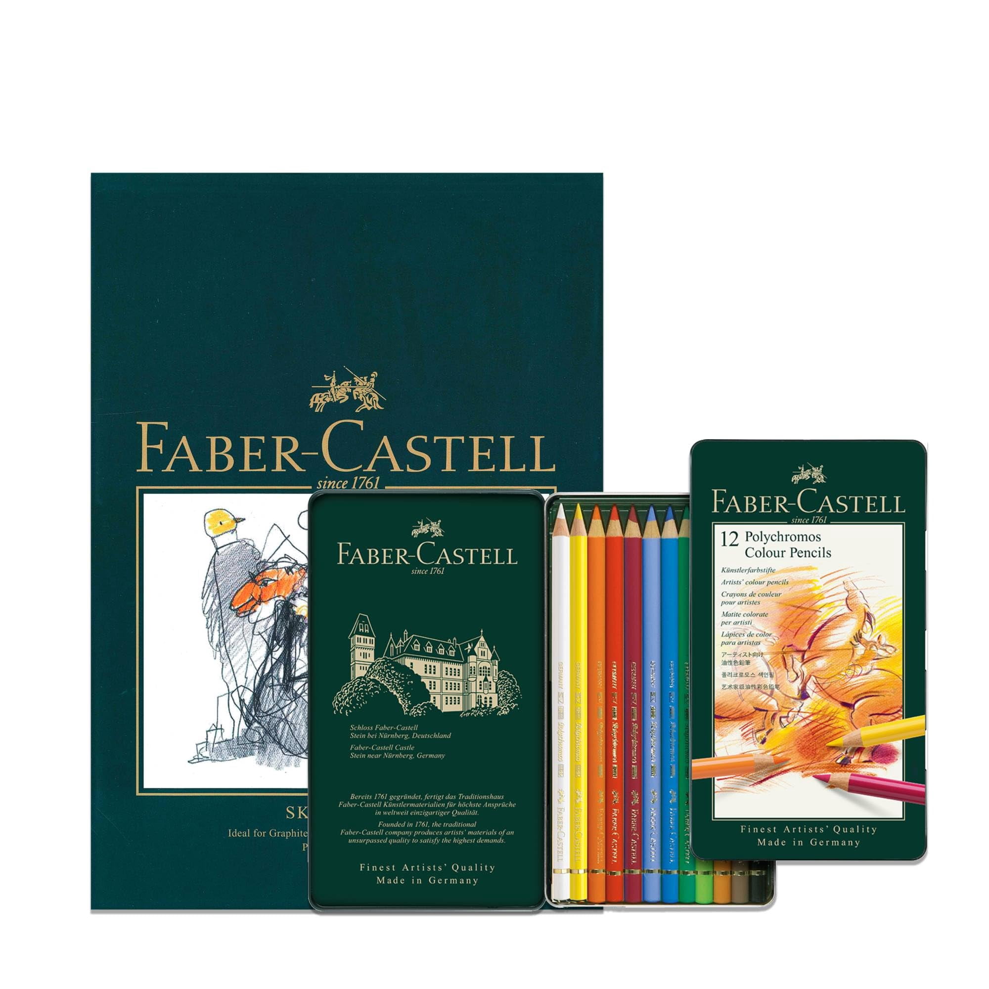 Faber-Castell A4 Sketch Pad & Tin Of 12 Polychromos Artists Colouring Pencils - Art Set For Adult Colouring Books Craft Supplies Drawing Sketching Lightfast Pencils Schools Home College…