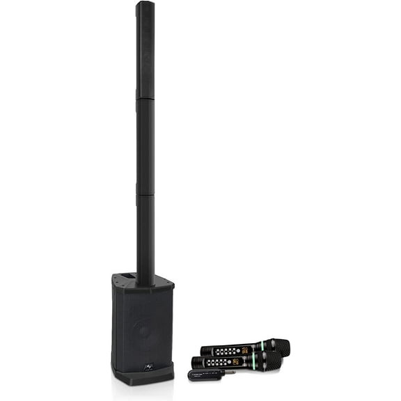 Sound Town Portable PA/DJ System w/ 8" Powered Subwoofer, One 4 x 2.5 Column Speaker and Two UHF Wireless Microphones (CARPO-L1SWM01)