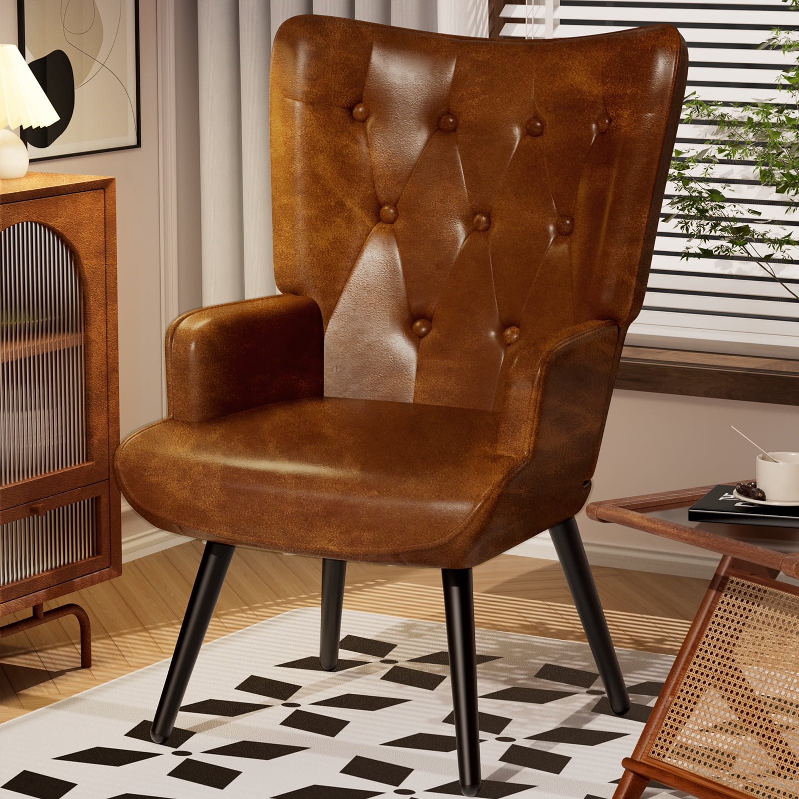 Arlopu Comfy Upholstered Armchair, PU Accent Chair, High Backrest