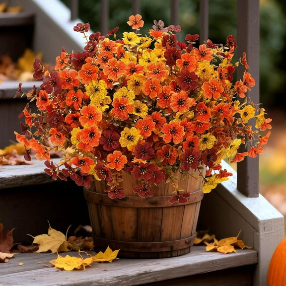 Artificial Mums Fake Fall Flowers for Outdoors Decoration, 12 Bundles Realistic Autumn Silk Daisy Faux Plants UV Resistant Decor for Home Garden Porch Patio Yard Balcony Window (Yellow Brown Orange)