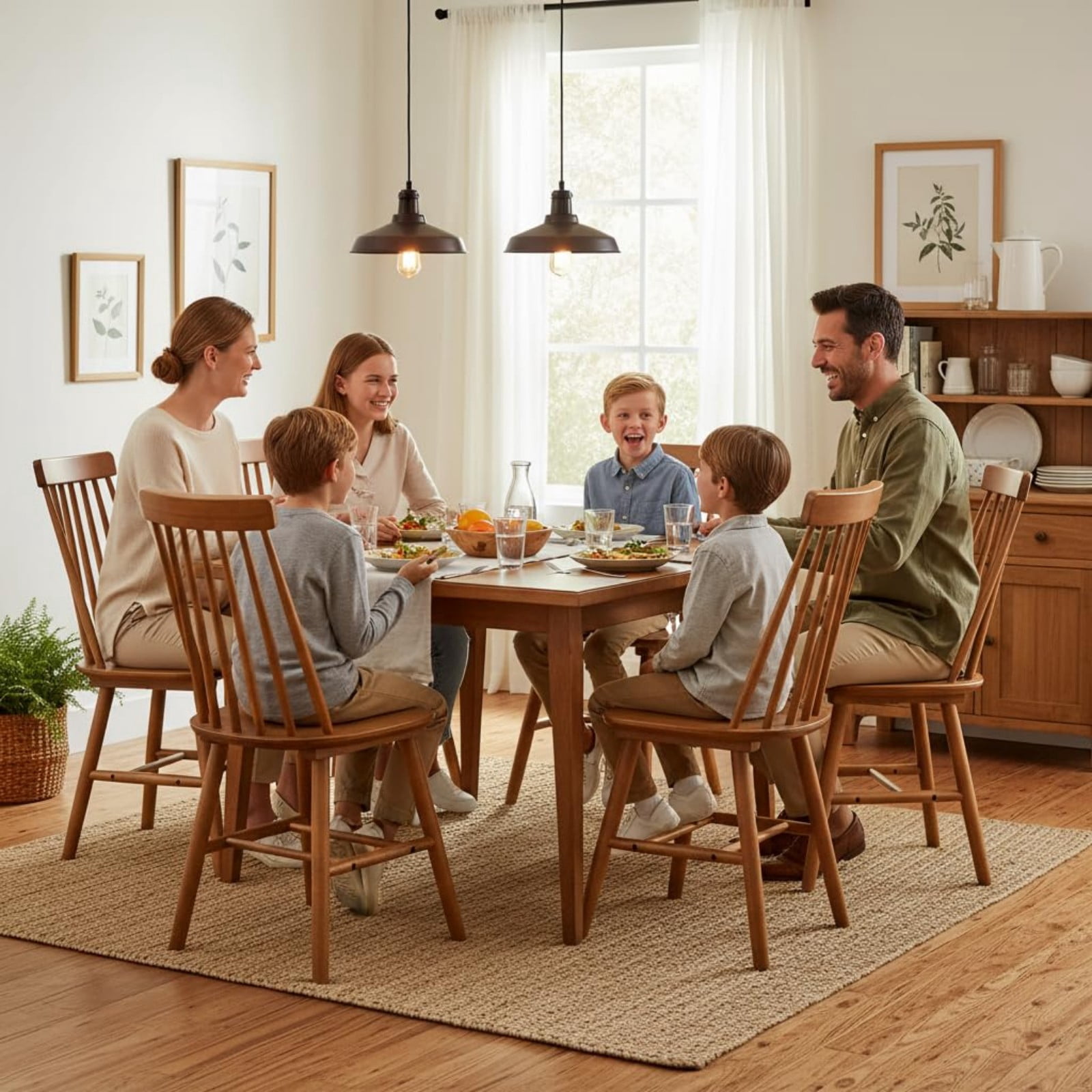 Walnut Farmhouse Dining Chairs Set of 8, Mid Century Modern Spindle Back Wooden Dining Room Chairs for Kitchen & Living Room