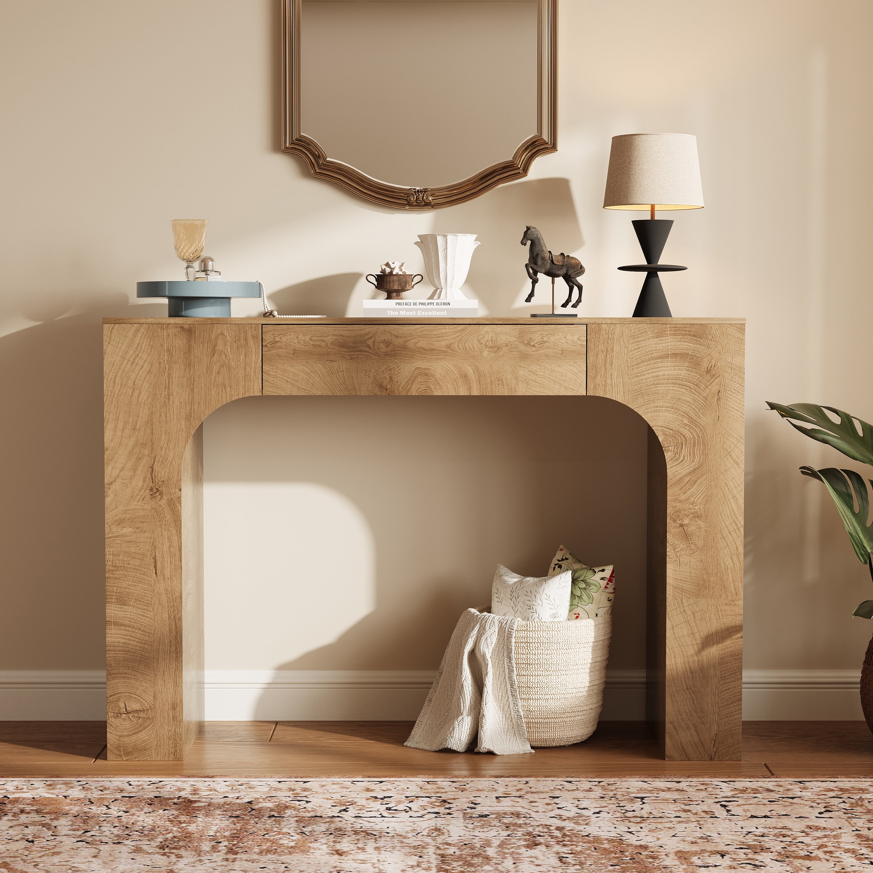 47" Long Console Table with Drawer, Narrow Entryway Table with Anti-Tipping Kit, Farmhouse Walnut Sofa Table for Hallway, Living Room, TV Stand, Chate Annual‑Ring Oak