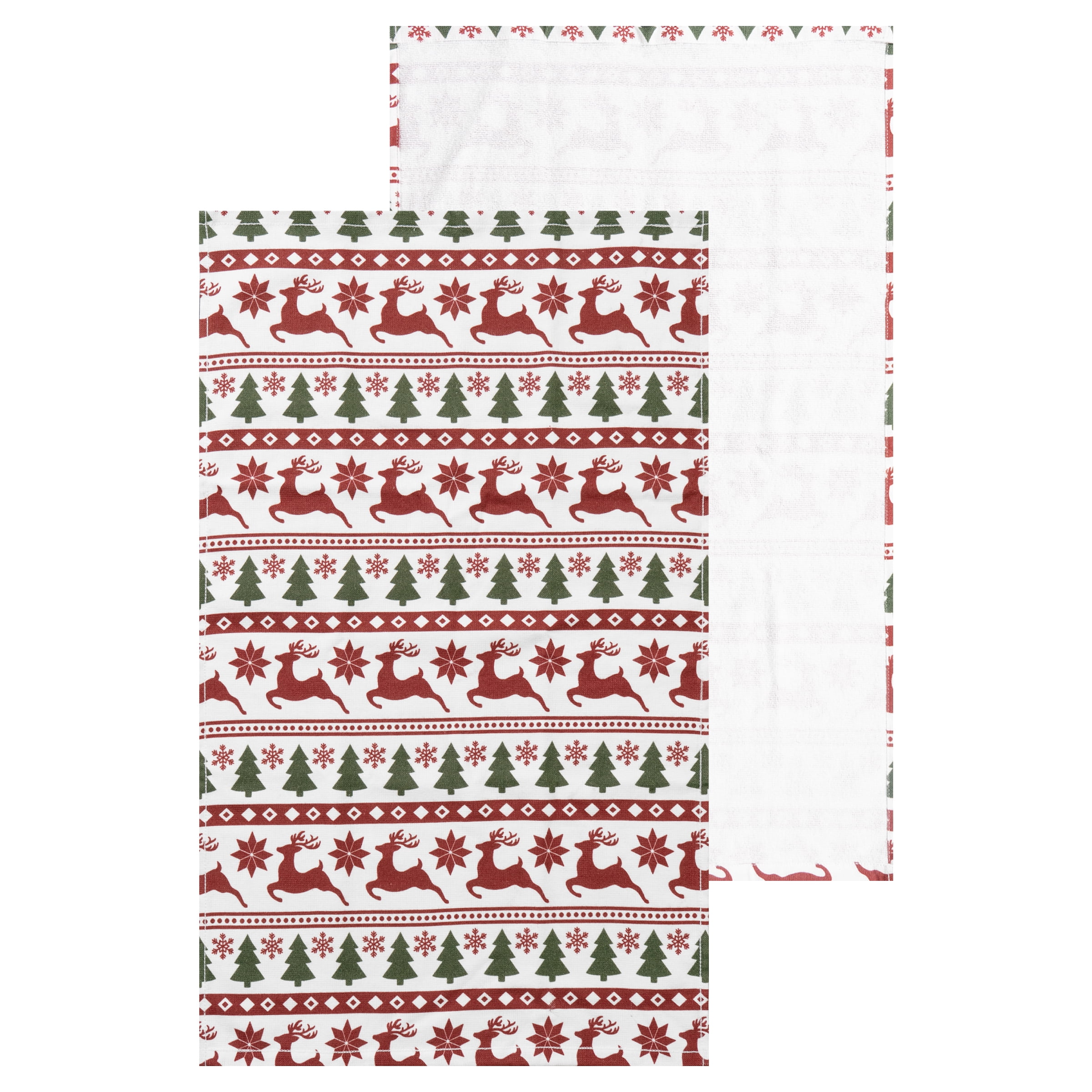 RITZ 100% Cotton Holiday Kitchen Towels, Set of 4, Chalet Reindeer Dish Towels Set, Festive Red Green