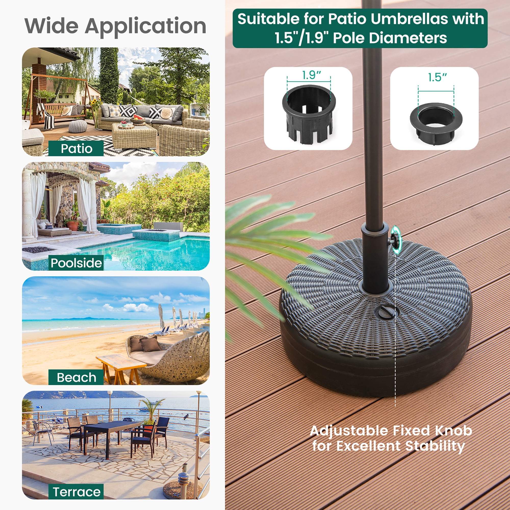 Costway 18'' Patio Fillable Round Umbrella Base Stand Holder Fit Pole 1.5''/1.9'' Weighted