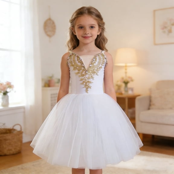 CAIVO Kids Dance Dress For Girls Short Sleeve Ballet Practice Performance Tutu Dresses O-Neck Boho Sundress