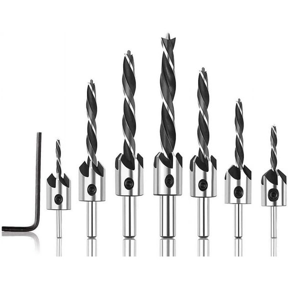 7Pcs Round Handle Countersink Bit Set, 3-10mm HSS Woodworking Chamfer Tool Flute Countersunk Head Twist Drill Bit Set