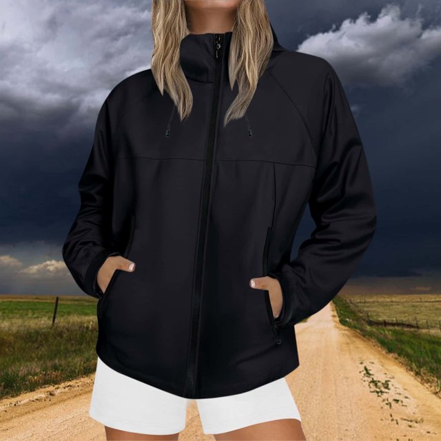 Hooded Rain Jacket Women, Lightweight Hiking Shell, Windproof Mountain Coat Black M , Jacket