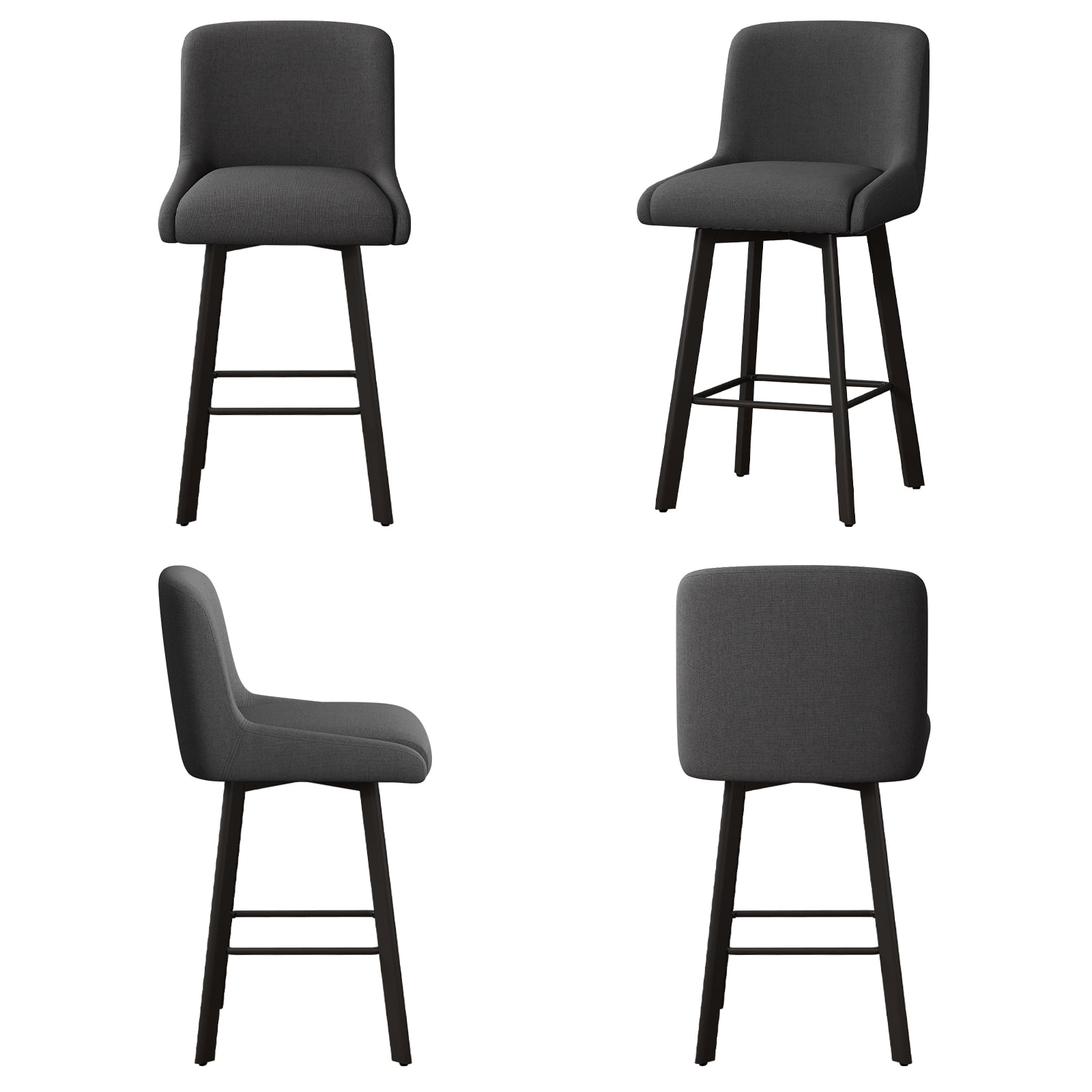 MultiHaven 26.1-Inch Bar Stools Set of 3,Swivel Counter Height Bar Stool with Back & Metal Legs,Fabric Island Chairs Suitable for Kitchen,Bar,Cafe - Black Gray