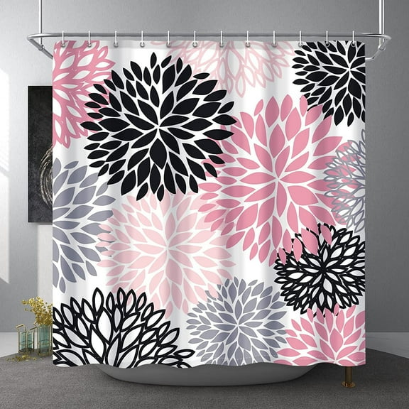 Dahlia Flower Shower Curtain, Floral Bathroom Decor, Waterproof Polyester Fabric Pink Black Grey Set, with 12 Hooks 72 x 72