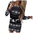 thumbnail image 3 of Robe Noire Femme Mode Décontractée Col Rond Imprimé de Noël Manches Longues Bodycons Mini Robes, 3 of 6