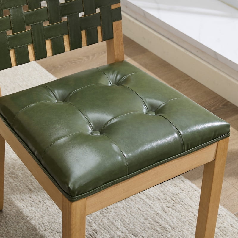 2-Piece Woven Backrest Dining Chairs, Mid‑Century Modern Armless Kitchen Chairs, PU Leather Upholstered Seat Accent Side Chair