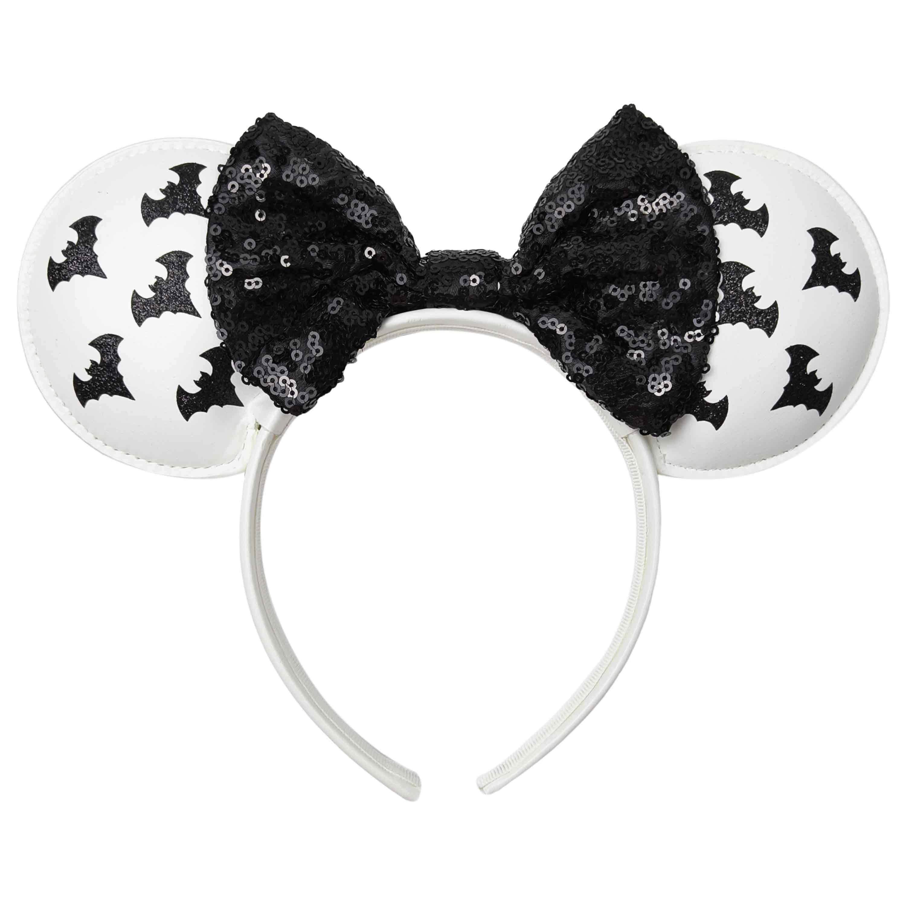 Disney Minnie Mouse Halloween White Faux Leather Bat Ears with Black Sequin Bow