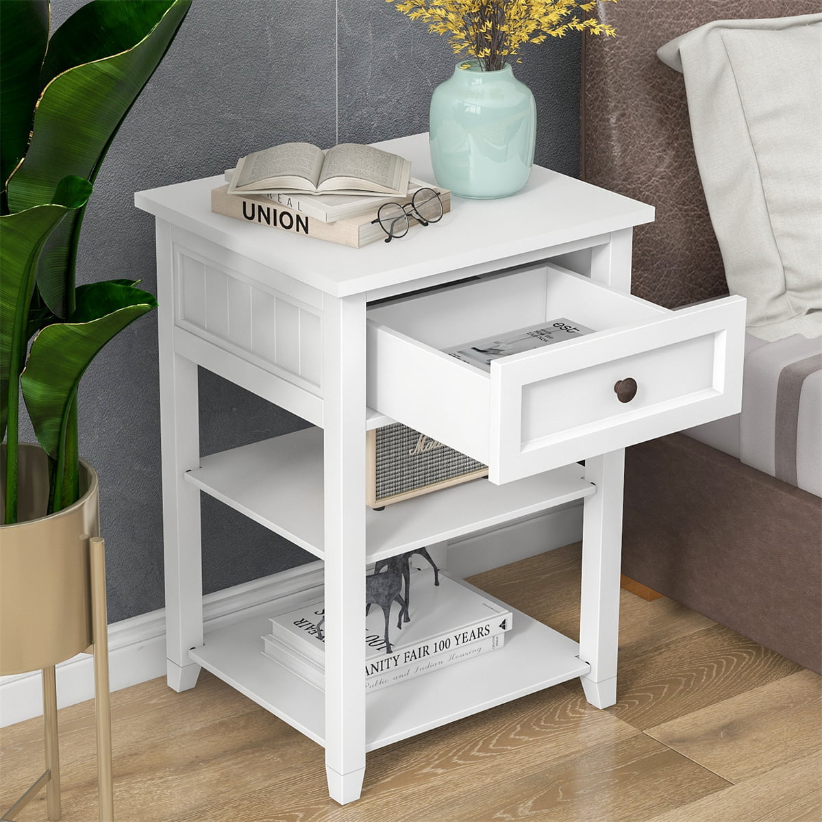 ZENODDLY Small Side Table with Drawer & 2 Shelves, 3 Tier Narrow End Table  with Storage, White End Tables for Living Room with Storage, Elegant Wood