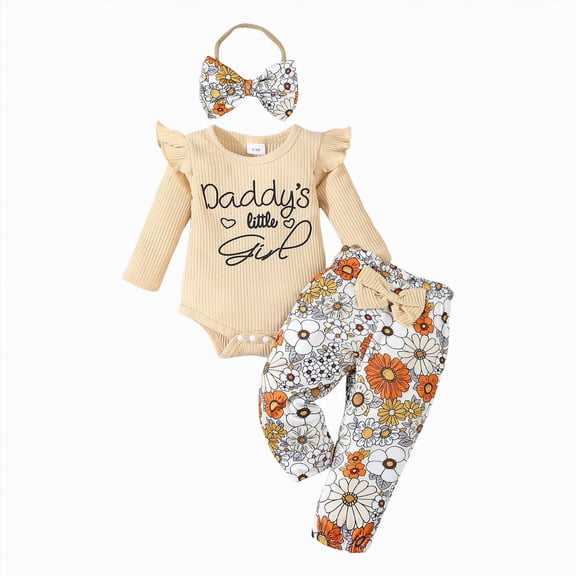 mgoYE Baby Girl Clothes 3 Months Ruffle Romper Toddler Girl Floral Cotton Pant Sets Girls Clothing Outfit(Khaki,0-3 Months)