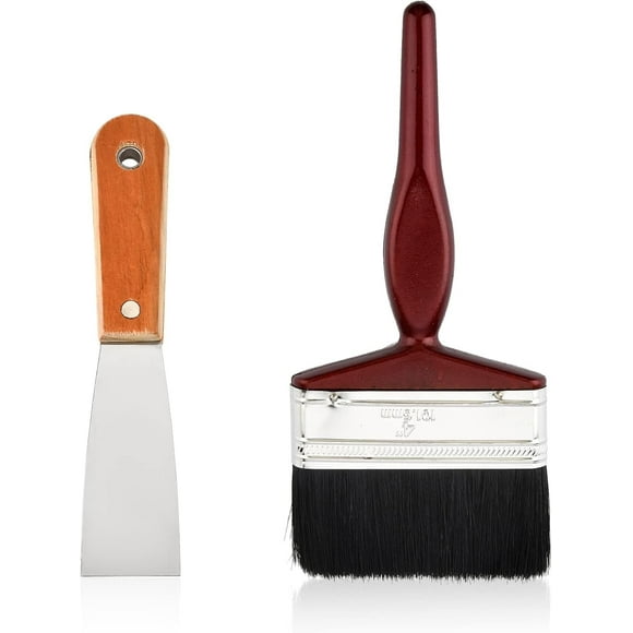 2 Pcs Bristle Paint Brushes and Putty Knife Flat Paint Brushes Professional Wall Brush Set for Cabinet Decks Fences Interior Exterior Commercial Paintbrush