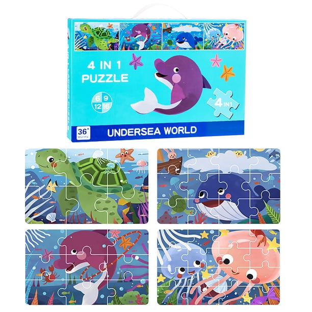 Partheme Novelty Toys 1 Counts 4 in 1 Puzzles Animals World 6/9/12/16 Piece Puzzles Difficulty Puzzles as show