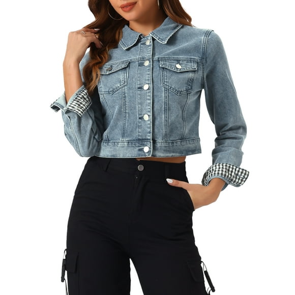 INSPIRE CHIC Women's Denim Cropped Jackets Chest Pocket Plaid Trim Button Down Jean Jacket XS Dusty Blue