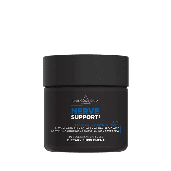 Livingood Daily Nerve Support Supplement for Women & Men, 12-in-1 Nerve Health Formula with Methylated B12, Folate, Benfotiamine, Alpha Lipoic Acid & Feverfew, Gluten Free, Non-GMO, 60 Capsules