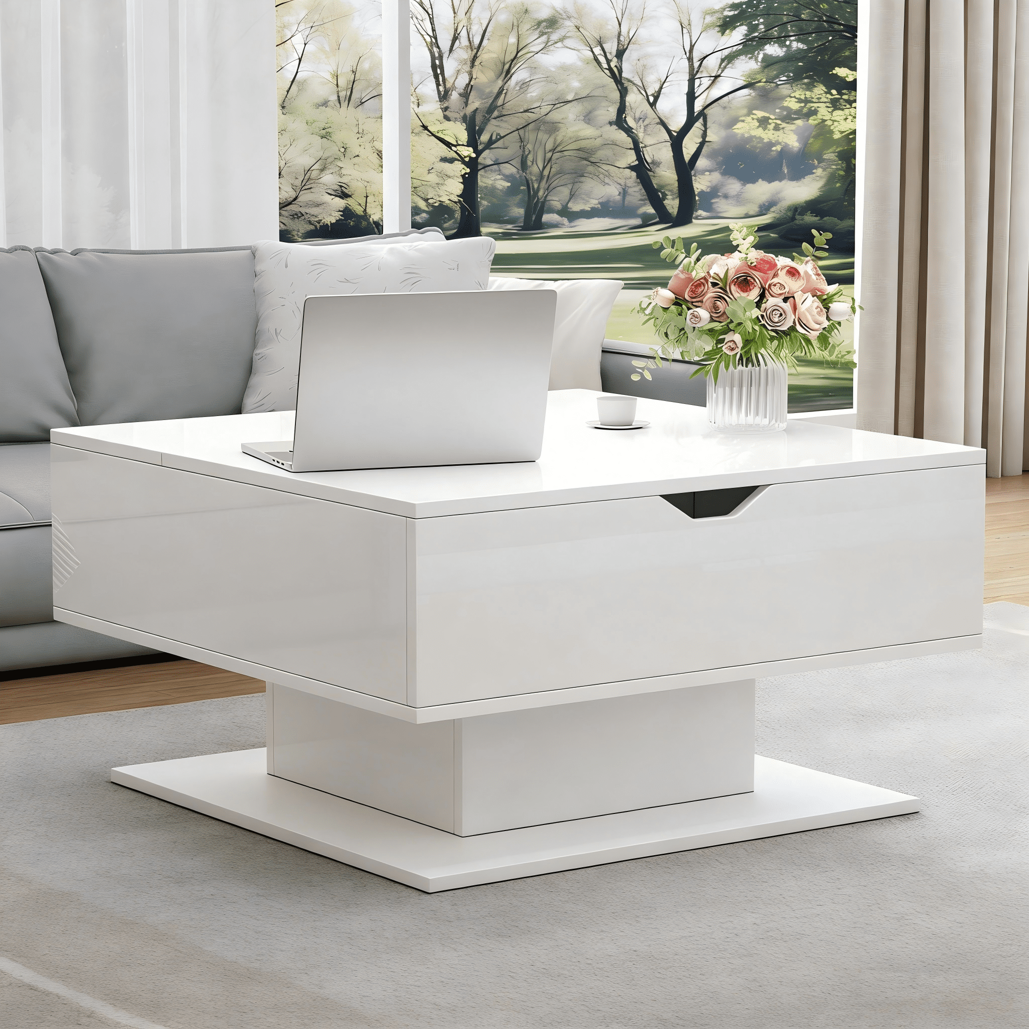 Homy Casa, table basse relevable blanche avec DEL, rangement ouvert et fini haute brillance pour salon