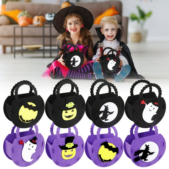 Xihbxyly Bolsas de Dulces de Halloween, Paquete de 12 con Asa, 4 Estilos con Diseños de Arañas, Calabazas, Brujas y Fantasmas. Tela No Tejida Ecológica. Ideal para Fiestas. Bolsa de Regalo Divertida.