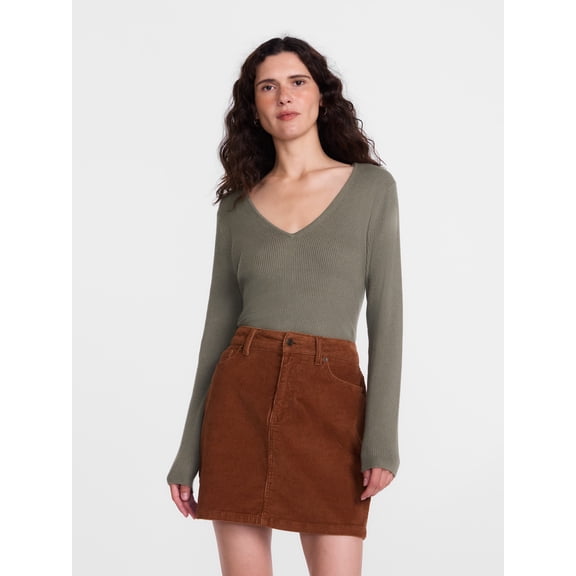 Scenario Women's V-Neck Ribbed Lightweight Sweater with Long Sleeves, Sizes XS-XXXL
