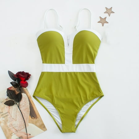 LEBONYARD Classic Navy Blue One-Piece Swimsuit:Sleeveless & Simple Women s Fashion Color Block Sleeveless Spaghetti Strap Backless Swimsuit Green XXL