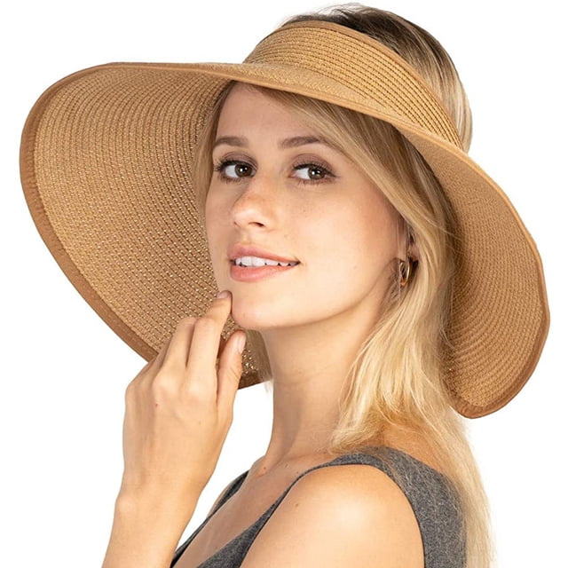 Sombrero de paja plegable con visera para mujer, sombrero de ala ancha de tamaño ajustable (marrón claro)