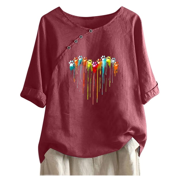 Blusas de Manga Corta para las Mujeres Impresas Cuello Redondo Camiseta Casual, Blusa de Algodón de Imitación para las Mujeres