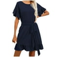 thumbnail image 1 of Hyknon Robes pour Femmes Mode Décontractée Manches Courtes Été Ceinture Double Couche Volantée Col en V Tunique Bandage Robe Décontractée Douce Fluide Ample, 1 of 4