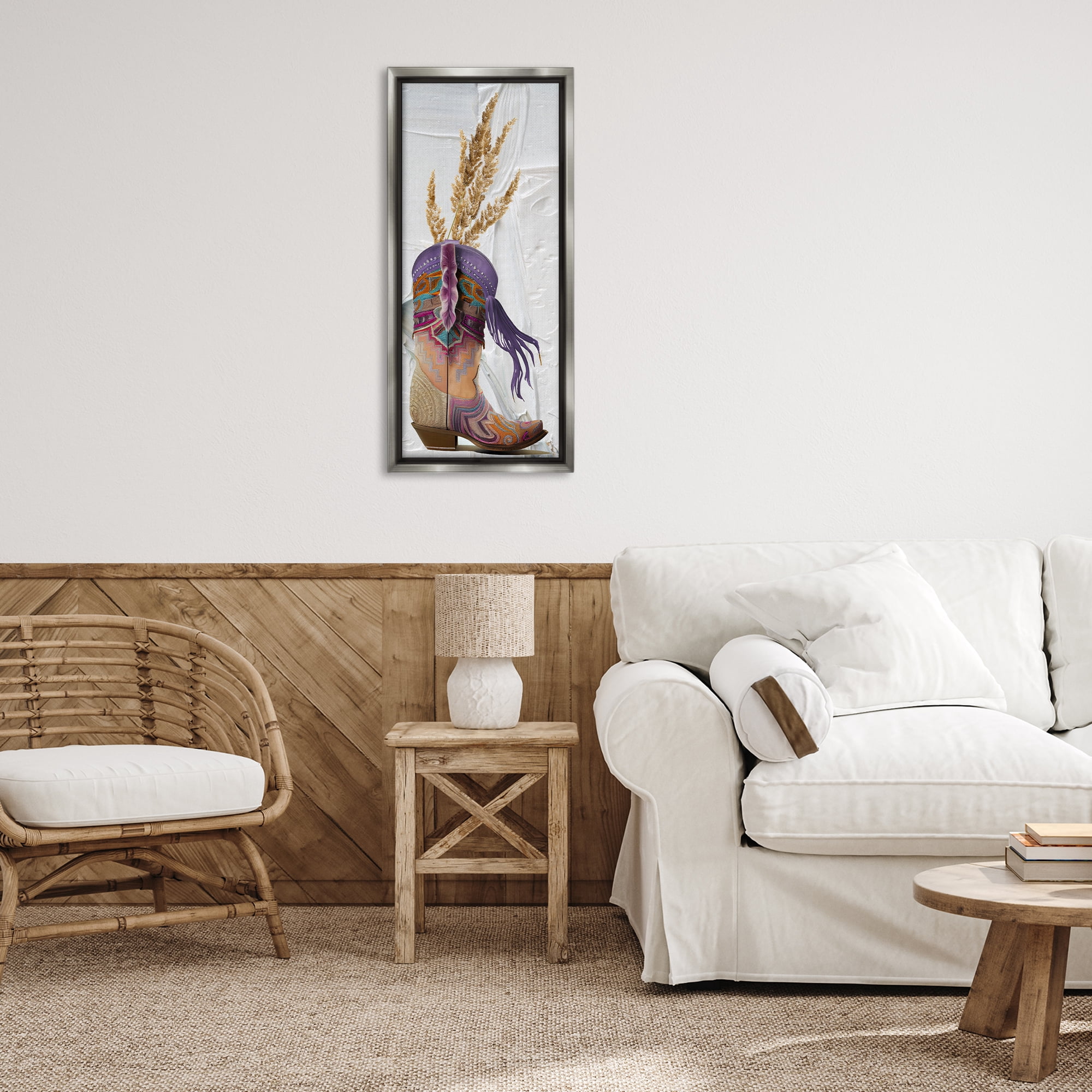 Stupell Industries Cowboy Boot & Wheat Botanical & Floral Painting Gray Floater Framed Canvas Art Print Wall Art, 15 x 31