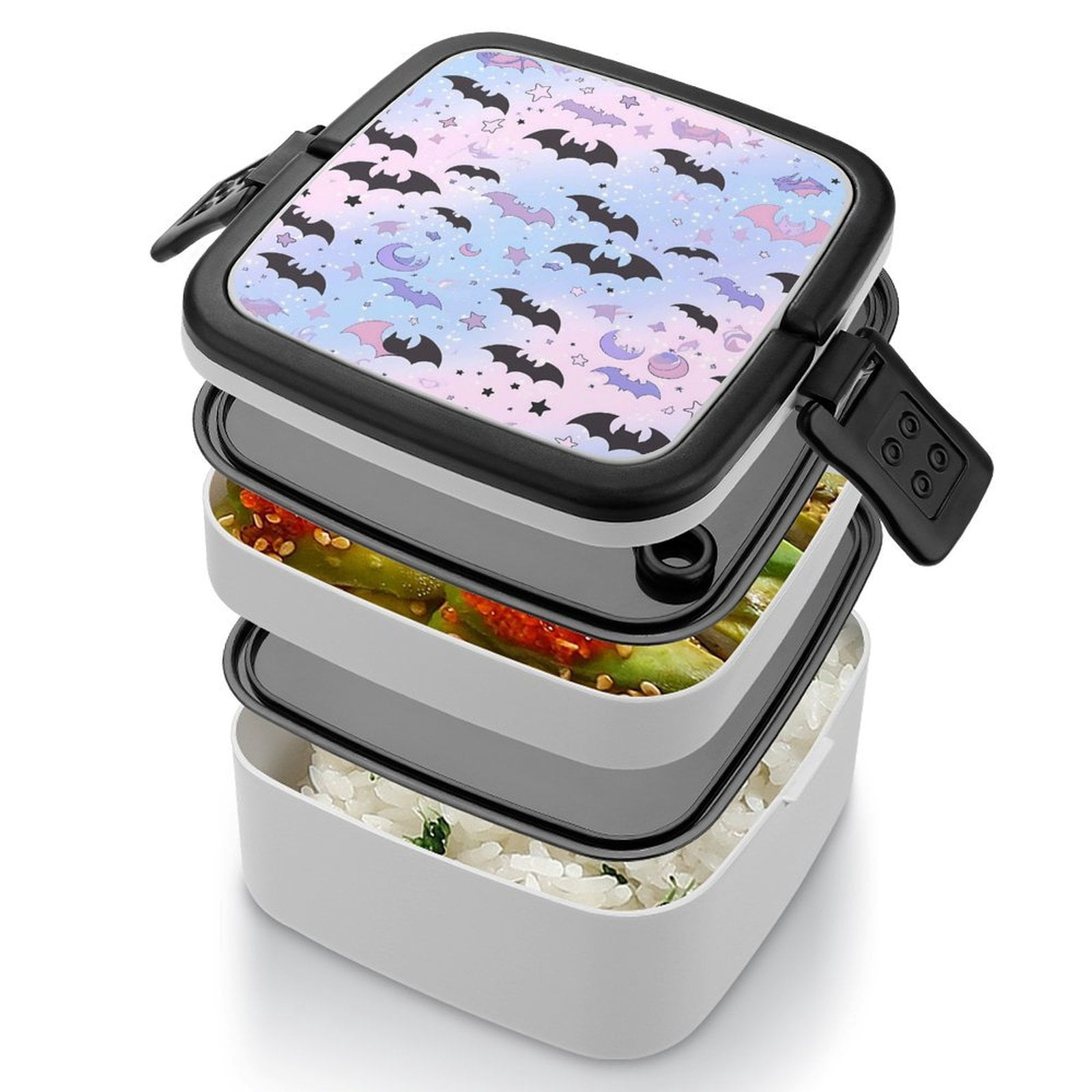 5.3×4.3in Double-Layer Bento Box Sealing Leakproof Partition Design Buckle Design Convenient Switch With Handle The Black And Purple Flying Bats in The Sky