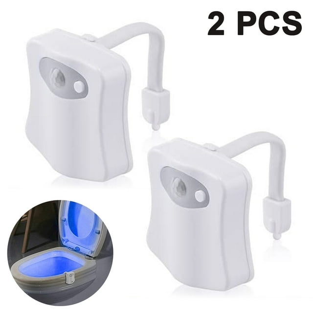 Paquete de 2 luces de noche para inodoro, 8 colores cambiantes, luz LED con sensor de movimiento para baño, se adapta a cualquier inodoro, batería no incluida
