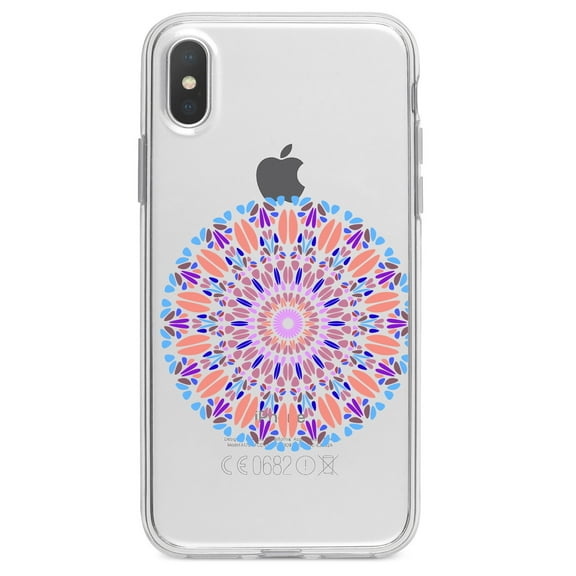 DistinctInk Clear Shockproof Hybrid Case for iPhone X / XS (5.8" Screen) - TPU Bumper Acrylic Back Tempered Glass Screen Protector - Modern Mandala - Blue Peach Purple