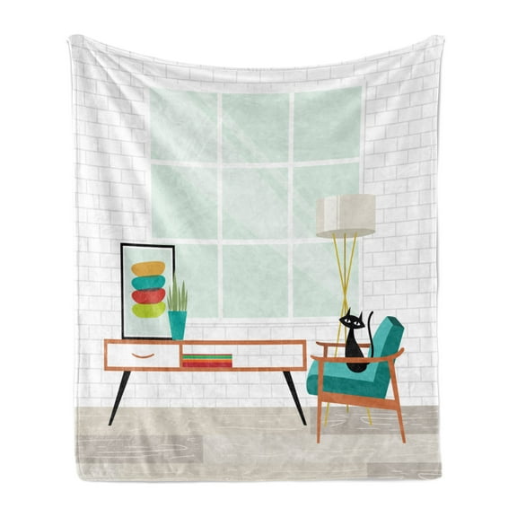 Mid Century Soft Flannel Fleece Throw Blanket, Cozy Room Scene Illustration with Modern Style Furniture and Cat, Cozy Plush for Indoor and Outdoor Use, 50" x 70", White and Multicolor, by Ambesonne
