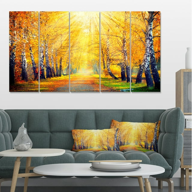 Arbres Jaunes d'Automne dans un Rayon de Soleil - Grande Impression d'Art sur Toile de Paysage