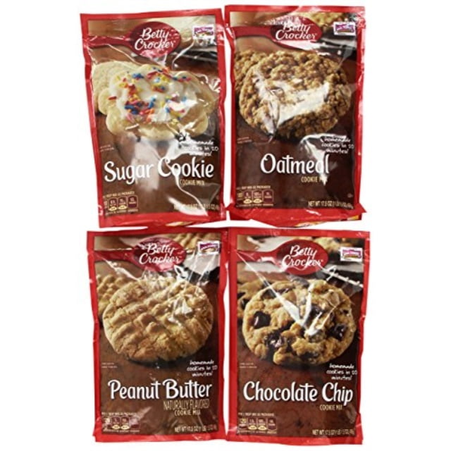 betty crocker cookie mix variety pack of popular flavors: (1) chocolate chip cookie mix + (1) peanut butter cookie mix + (1) oatmeal cookie mix + (1) sugar cookie mix. (4 flavors per order)