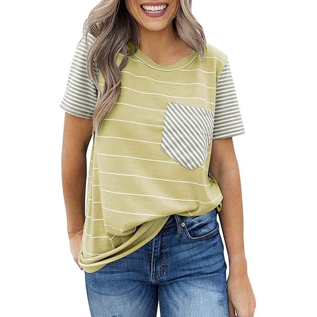 Blouses T-Shirts Décontractées à Manches Courtes à Blocs de Couleur Rayés pour Femmes