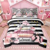 Manfei Women Perfume 7-Piece Twin Bedding Sets,Valentine'S Day Theme Bedding Comforter Set,Pink Black White Sheet Sets For Girls Kids,Ultra Soft Home Decor Reversible