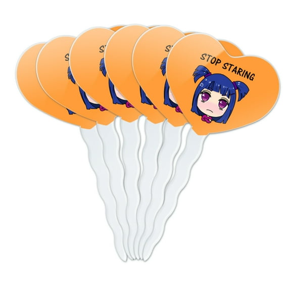 Stop Staring Kawaii Chibi Girl Pigtails Heart Love Cupcake Picks Toppers Decoration Set of 6