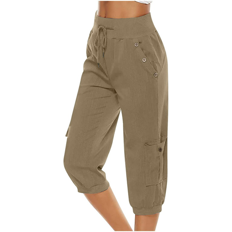 Capri Pants for Women Cotton Linen Plus Size Cargo Pants Capris Elastic  High Waisted 3/4 Slacks with Multi Pockets (5X-Large, Khaki)