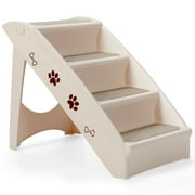 Gymax Folding Plastic Pet Stairs 4 Step Ladder for Small Dog & Cats Beige
