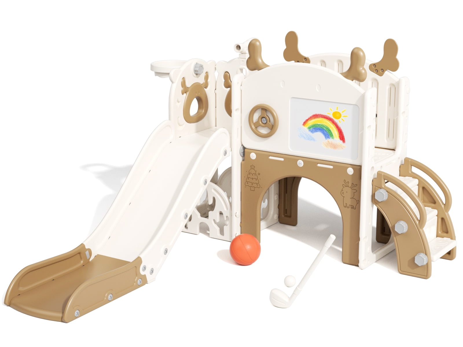 KORIMEFA 11-in-1 Toddler Slide, Kid Slide for Toddlers Age 1-3 with Golf Set, Ring Toss, Basketball Hoop, Drawing Board and Telescope, Indoor Outdoor Playset Playground, Coffee