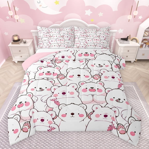 Castle Fairy Child Kids Teens Kawaii White Bear Bedding Comforter Set 2pcs,Cartoon Animal Polar Bear Twin Comforter Sets Microfiber,Pink White Breathable Bedding Set,Ultra Soft Home Decor,Reversible