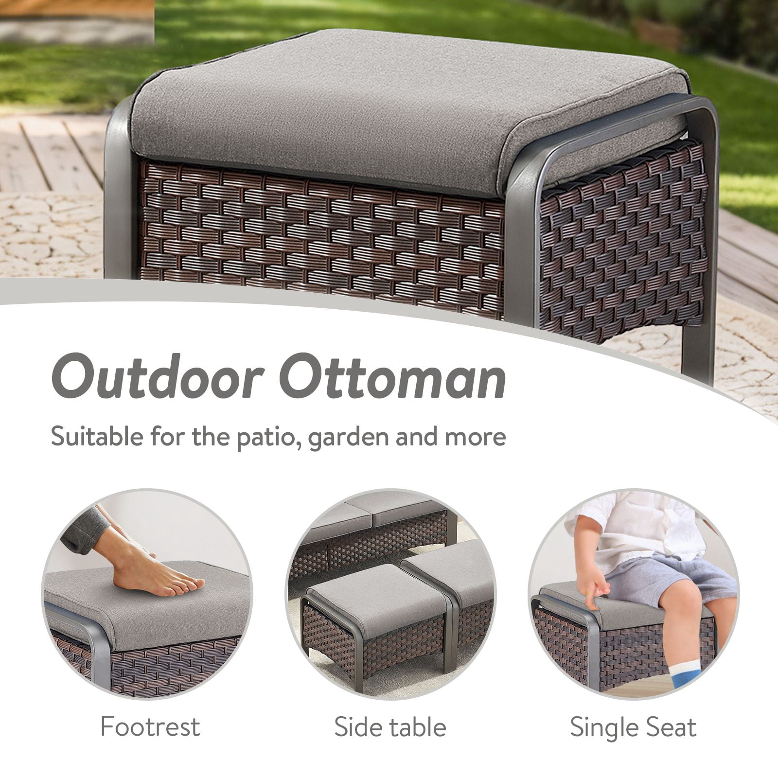 OPOHORO 4-Piece Patio Conversation Set with 2 Swivel Rocking Chairs and 2 Ottomans, PE Wicker Outdoor Furniture with Gray Cushions for Porch or Backyard