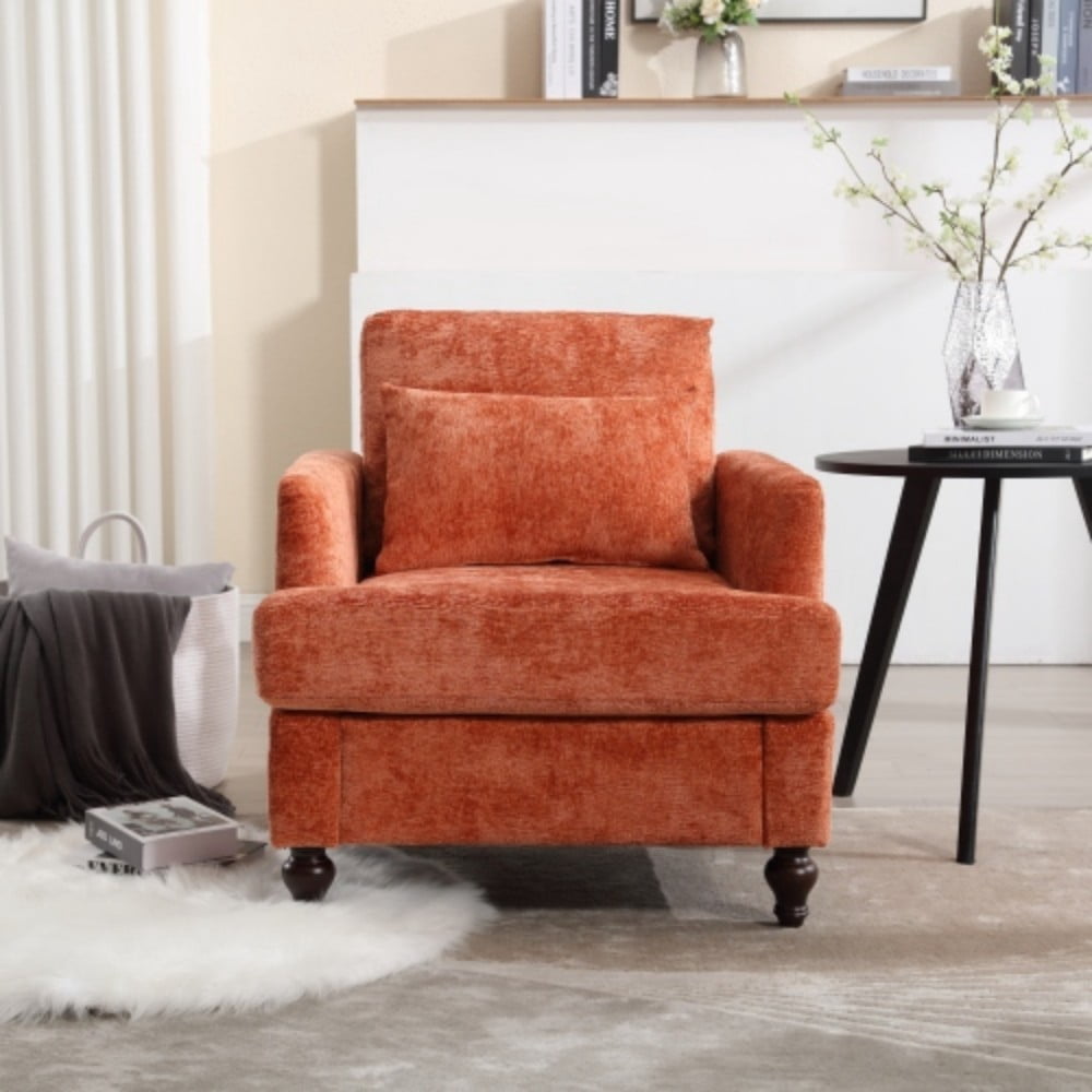 Accent Chair, Mid Century Modern Chenille Armchair with Tufted Back, Studded Solid Wood Frame, Upholstered Lounge Chair for Living Room, Bedroom, Dark Orange