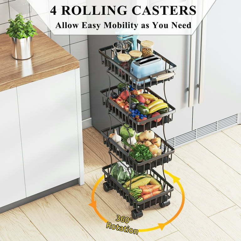 Wisdom Star 4 Tier Fruit Basket for Kitchen, Vegetable Storage Cart with  Wooden Tabletop, Vegetable Basket Bins for Onions and Potatoes, Wire  Storage