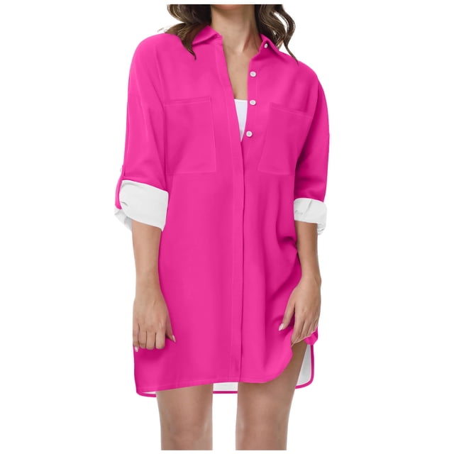 FAIWAD Robe Chemise à Boutons pour Femme, Manches Longues Roulées, Robe Ample, Couleur Unie, Col à Revers, Longue Chemise